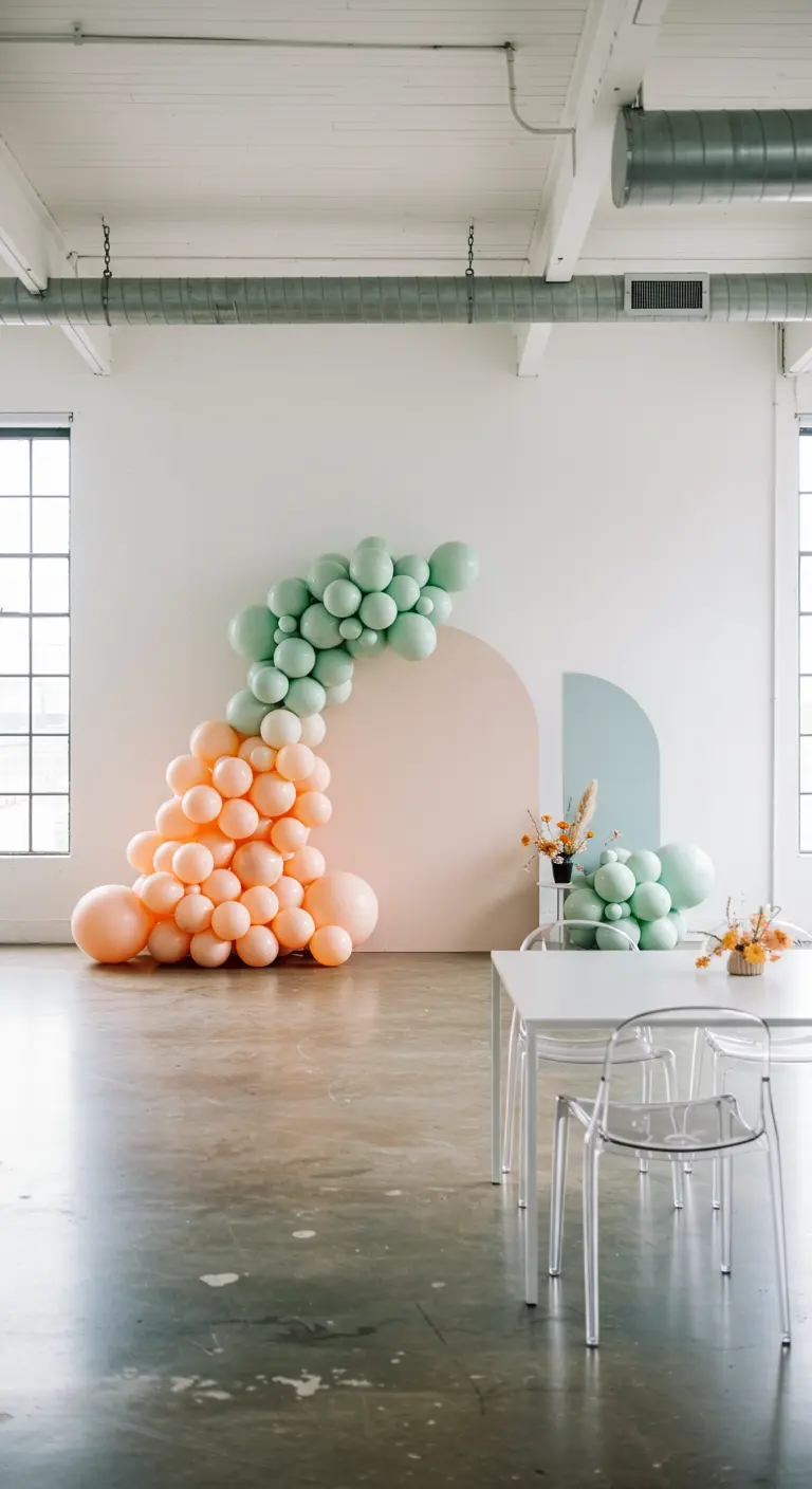 Asymmetrischer Ballonbogen in Mintgrün und Pfirsich in einem minimalistischen, industriellen Raum.