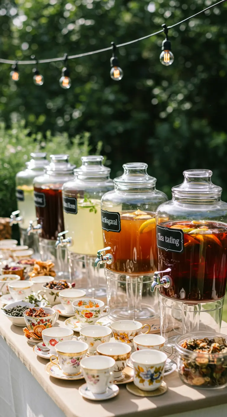 Selbstbedienungs-Bar mit Eistee-Spendern und einer Auswahl an Vintage-Teetassen.