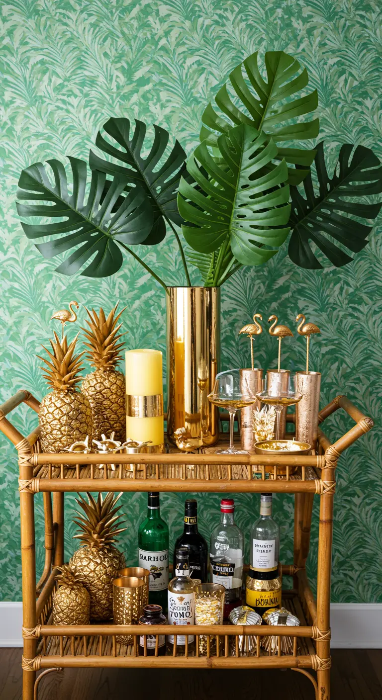 Rattan-Servierwagen mit goldenen Ananas-Figuren und Monstera-Blättern vor einer grünen Mustertapete.