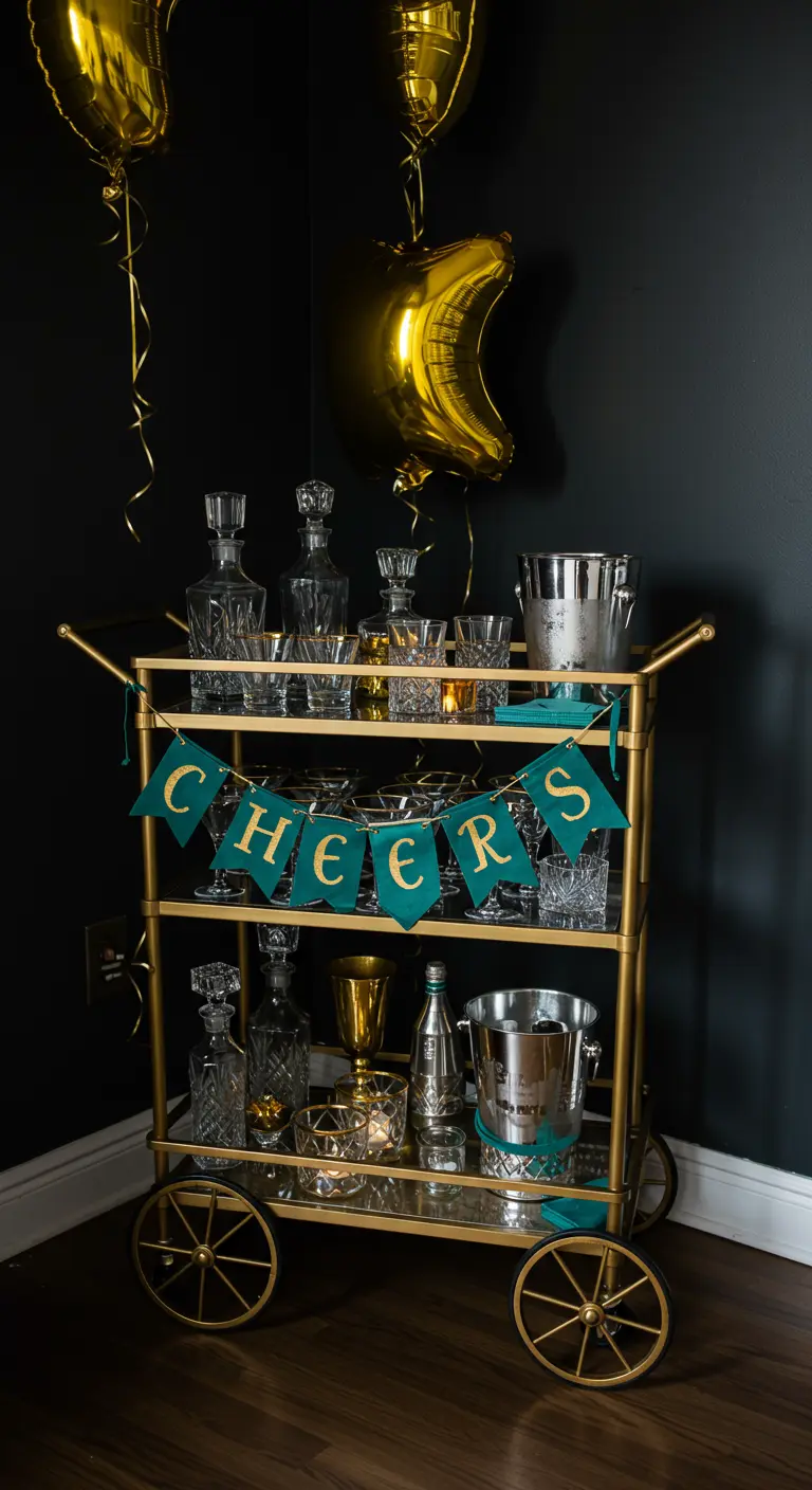 Goldener Barwagen mit Kristallgläsern, Getränken und einer grünen Samt-Wimpelkette mit der Aufschrift 'Cheers'