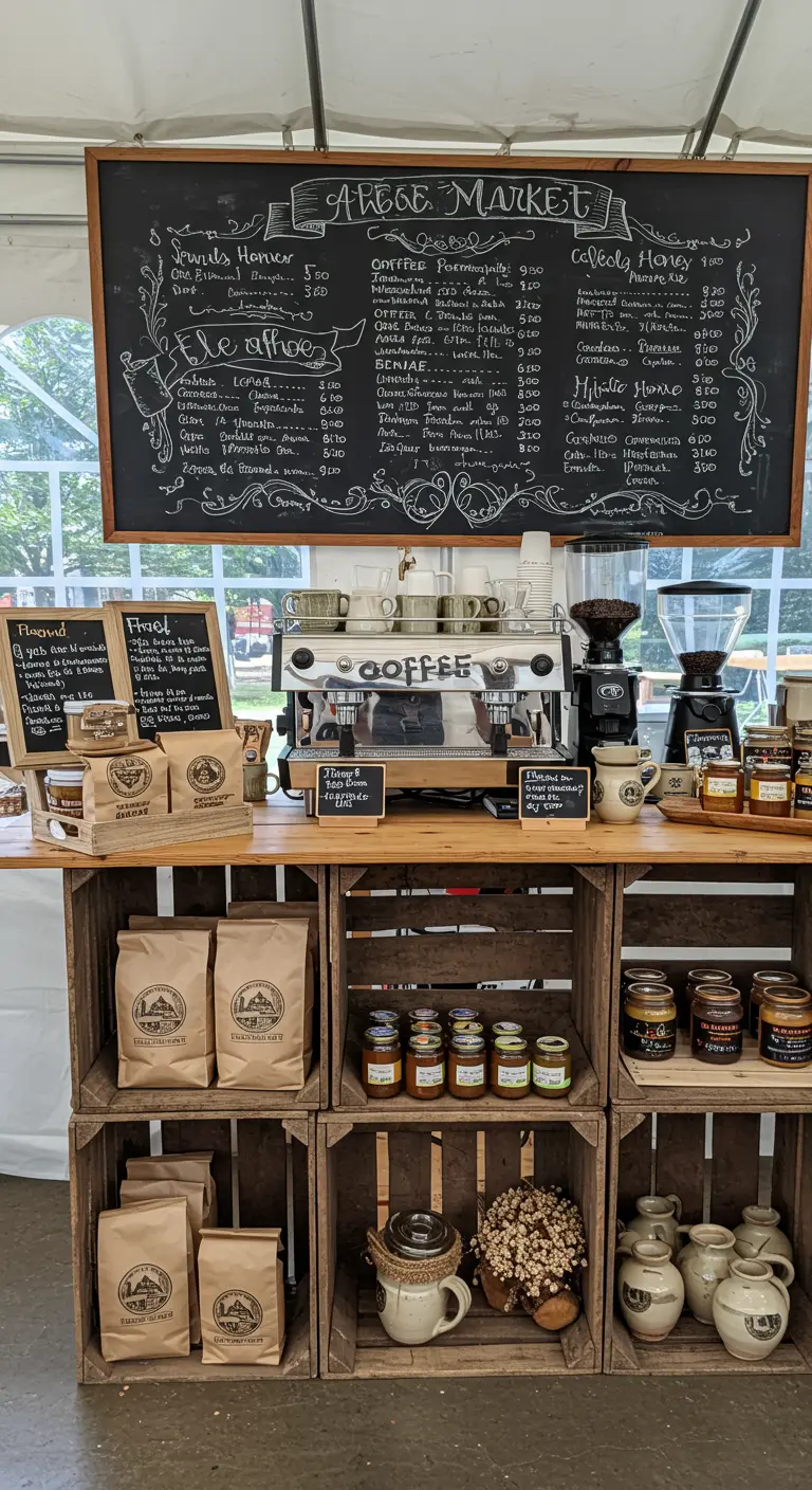 Kaffeebar im Marktstand-Stil aus gestapelten Holzkisten mit einer großen Kreidetafel als Menü.