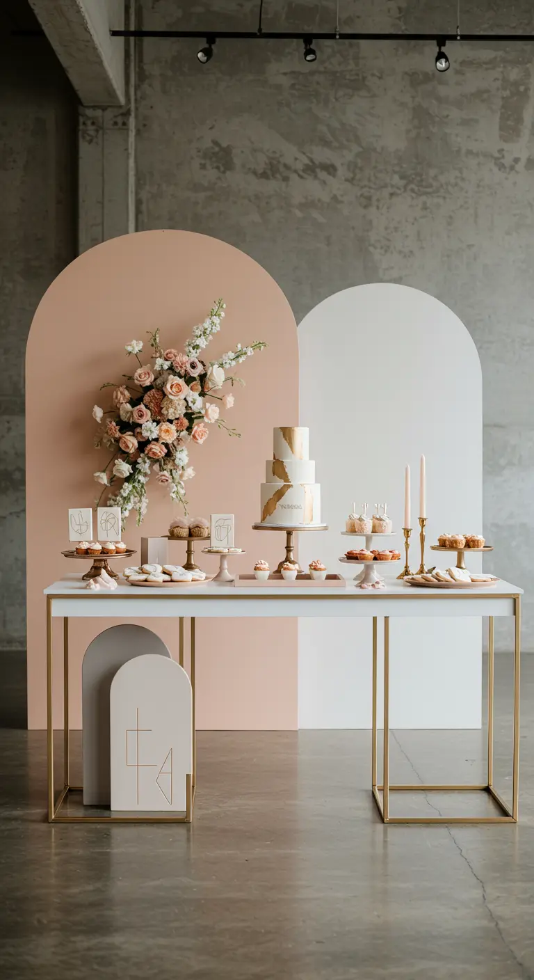 Moderner Sweet Table mit gold-weißer Torte vor einer Kulisse aus rosa und weißen Holzbögen.