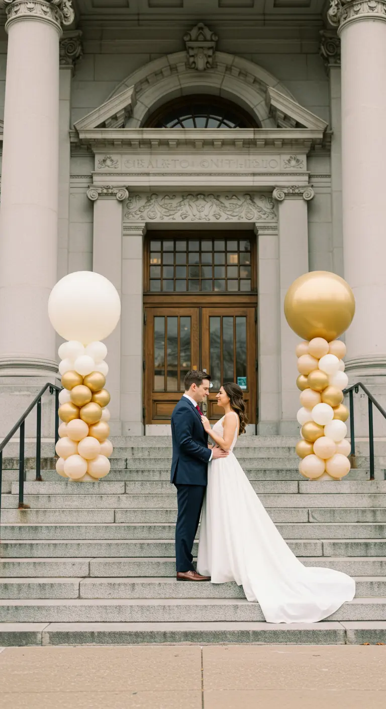 Zwei Ballonsäulen in Creme und Gold auf den Stufen eines Gebäudes