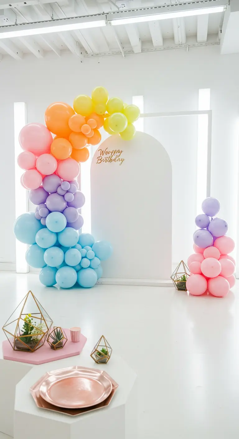 Asymmetrischer Regenbogen-Ballonbogen neben einer weißen Bogen-Wand in einer modernen Galerie.