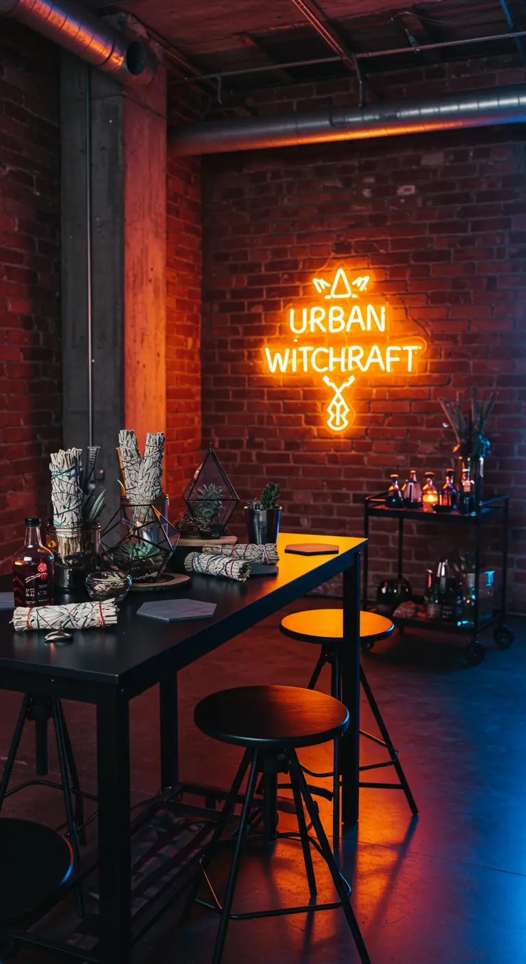 Ein moderner Raum mit Ziegelwand, Neon-Schriftzug und einem Tisch mit Salbeibündeln.