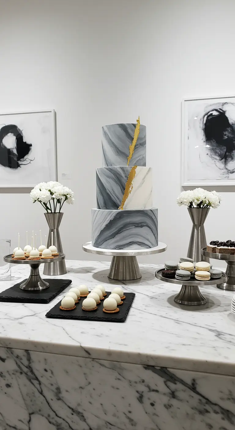 Moderne Torte mit Marmor-Effekt und Goldader in einer minimalistischen Galerie-Umgebung.