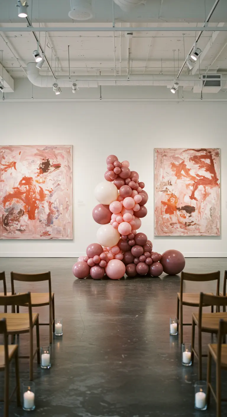 Skulpturale Balloninstallation in Rosatönen in einer modernen Kunstgalerie