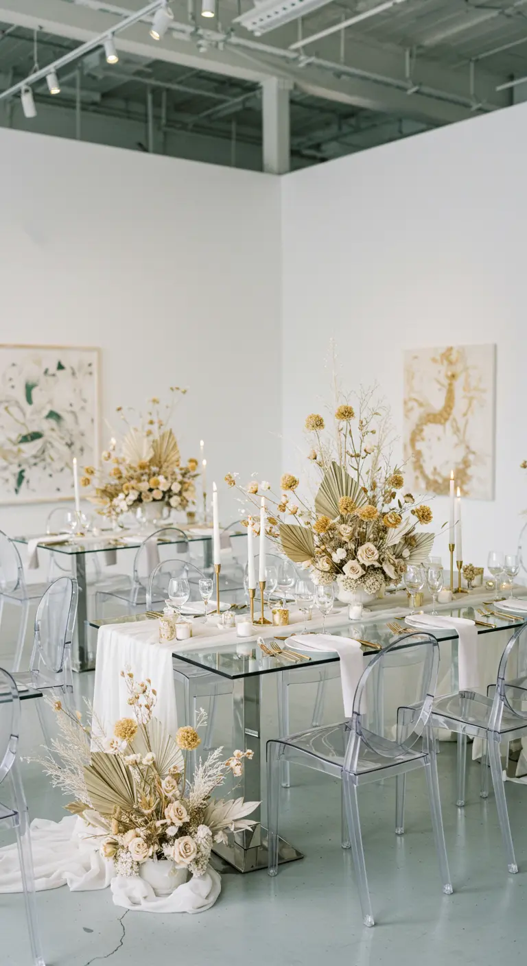 Glastische mit durchsichtigen Stühlen und großen, beigefarbenen Trockenblumen-Arrangements