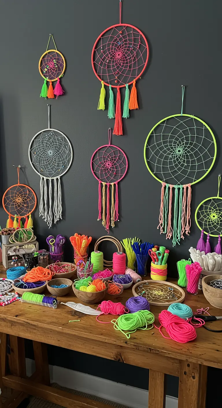 Eine Bastelstation mit bunten Neon-Traumfängern und Materialien wie Garn und Ringen.