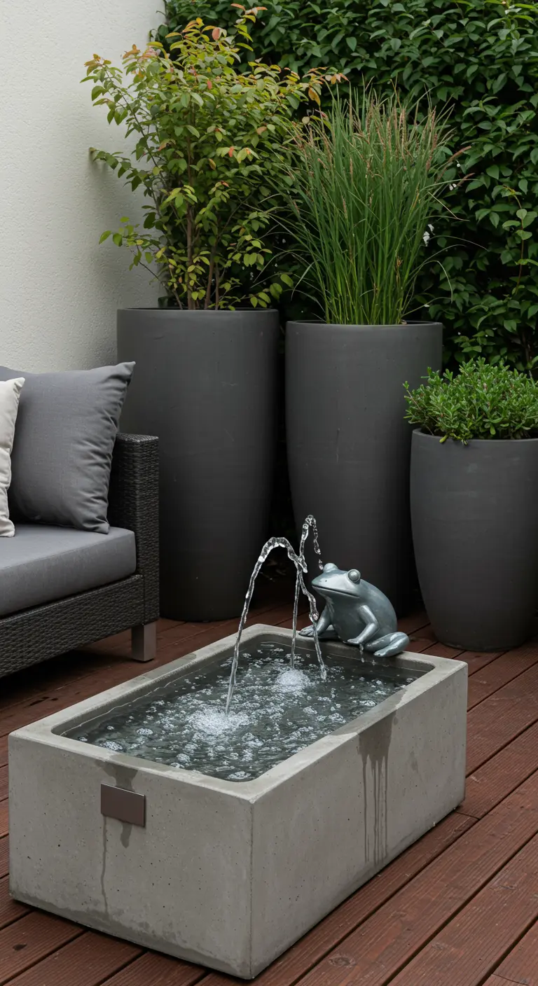 Ein rechteckiger Betonbrunnen mit einer Froschfigur auf einer modernen Holzterrasse.