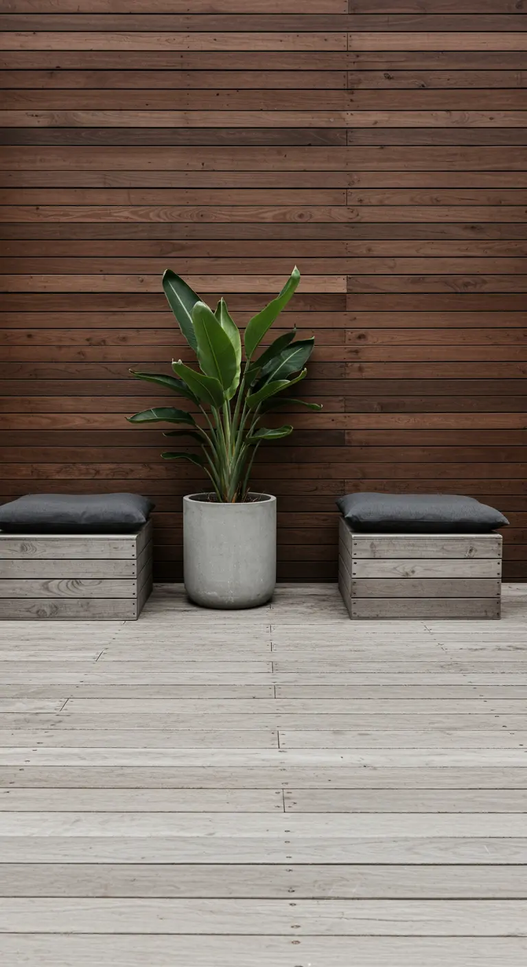 Zwei graue Holzkisten mit grauen Kissen neben einer großen Pflanze auf einer Holzterrasse.