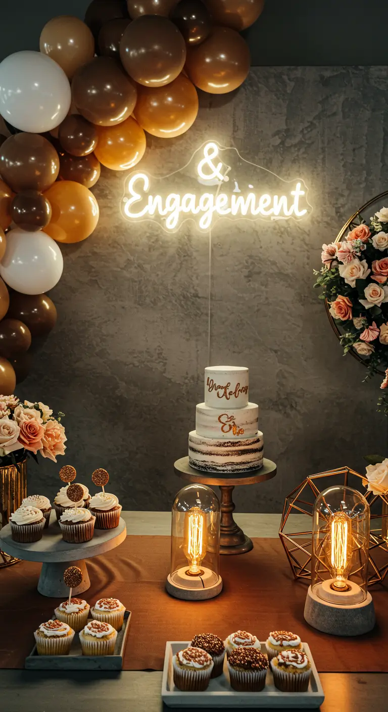 Desserttisch vor einer Betonwand mit Neon-Schriftzug, Torte und kupferfarbenen Deko-Elementen