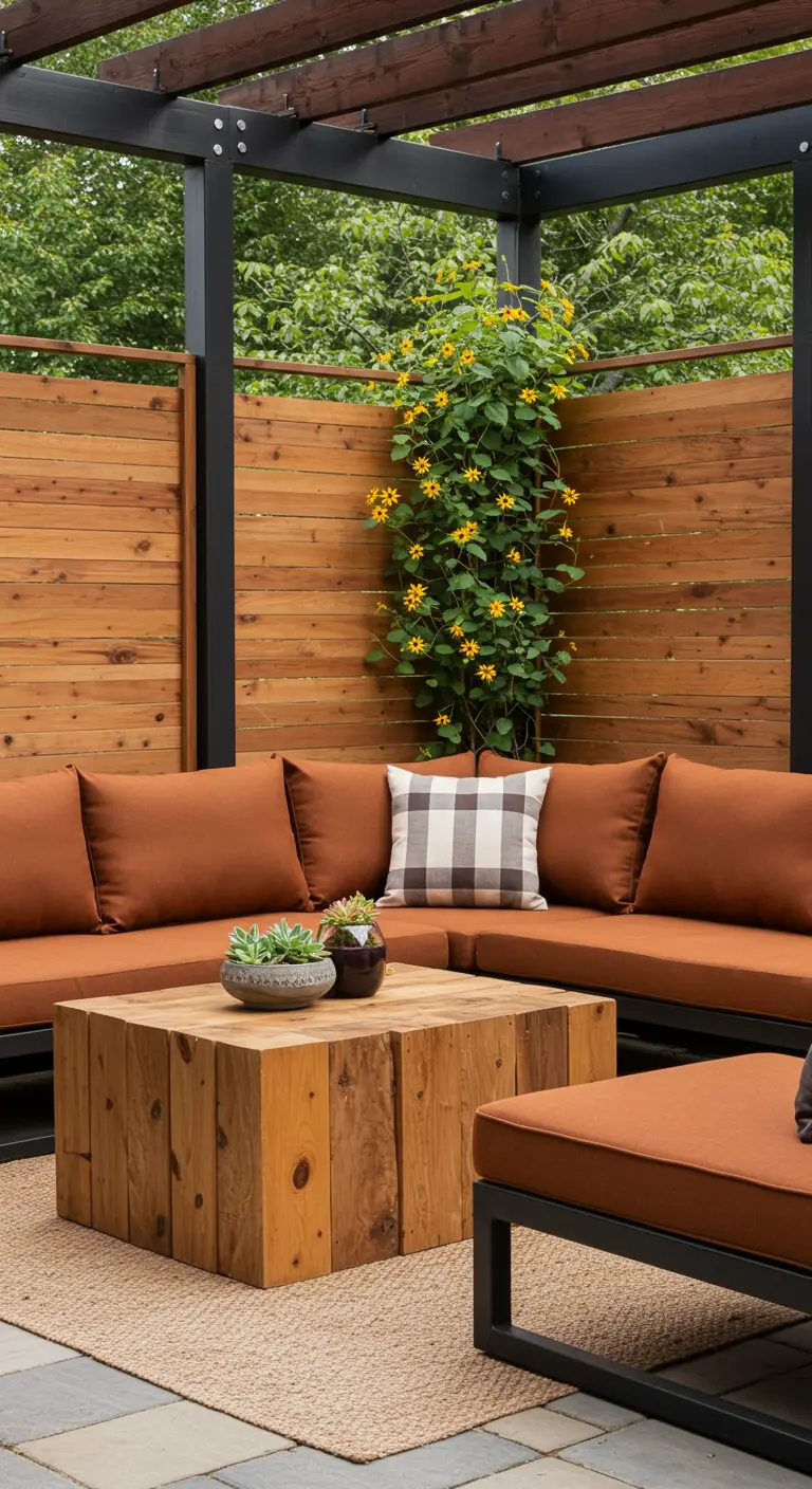 Moderne Pergola aus schwarzem Metall und hellem Holz, die eine gemütliche Sitzecke umgibt.