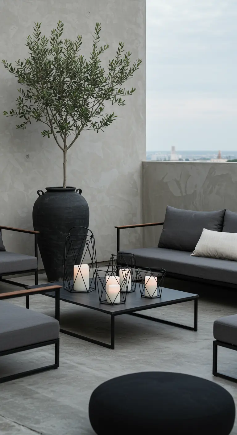 Moderne Terrasse mit Olivenbaum im Topf und geometrischen Kerzenhaltern auf dem Tisch