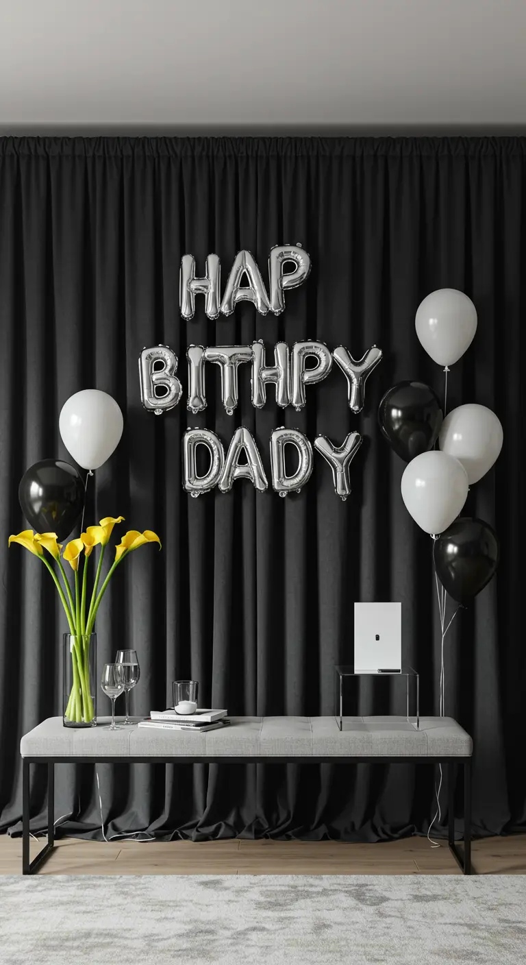 Schwarzer Vorhang als Hintergrund für silberne Folienballons und eine minimalistische Sitzbank.
