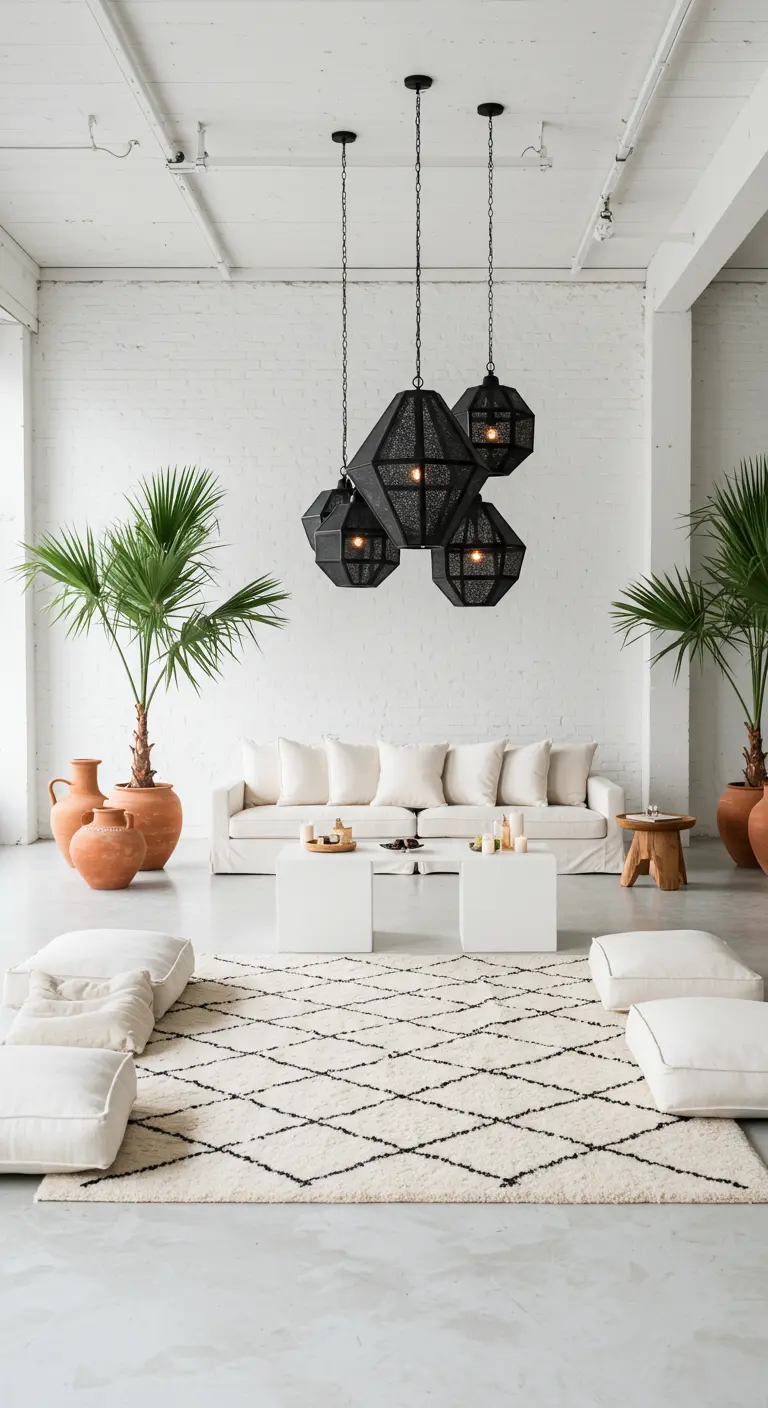 Weißes Loft mit schwarzen geometrischen Hängelampen und einem Beni-Ourain-Teppich.