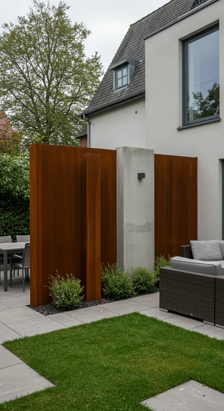 Sichtschutz aus mehreren Roststahl-Platten und einer Betonsäule auf einer modernen Terrasse.
