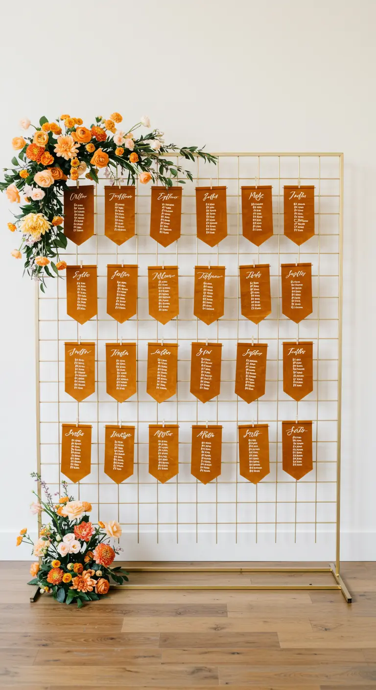 Goldenes Gittergestell, an dem Sitzplatzkarten in Form von rostbraunen Samtwimpeln hängen