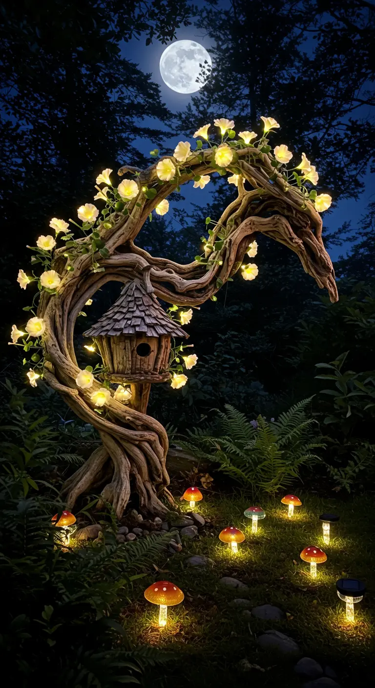 Märchenhafte Treibholz-Skulptur mit leuchtenden Blumen und Pilzen in der Nacht.