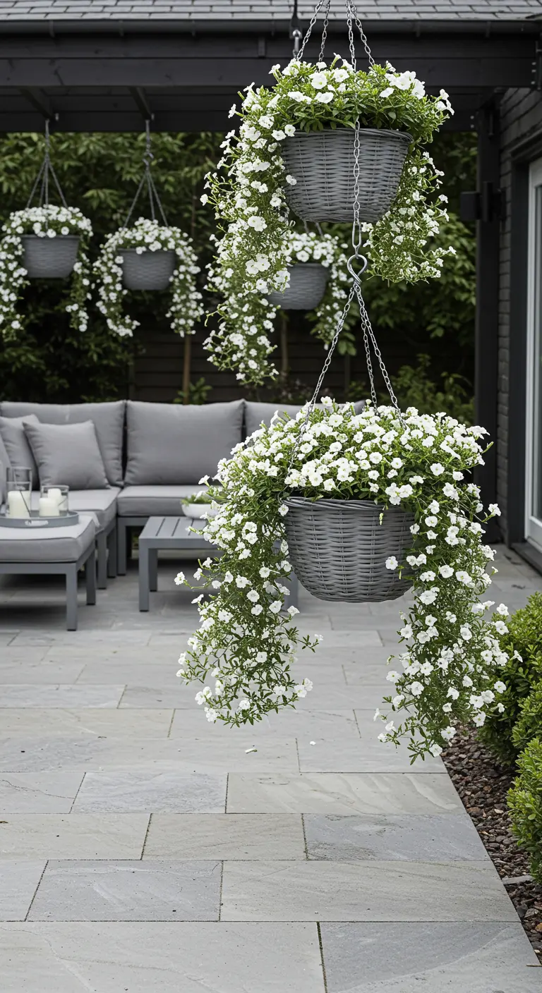 Grau gestrichene Hängekörbe mit weißen Blüten vor einer modernen Terrasse mit grauen Möbeln.