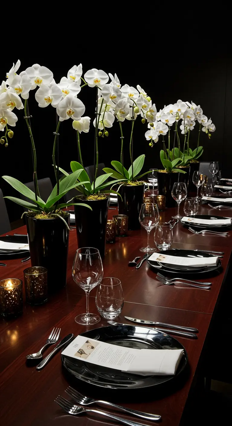 Lange Tafel mit einer Reihe weißer Orchideen in schwarzen Töpfen als Centerpiece.