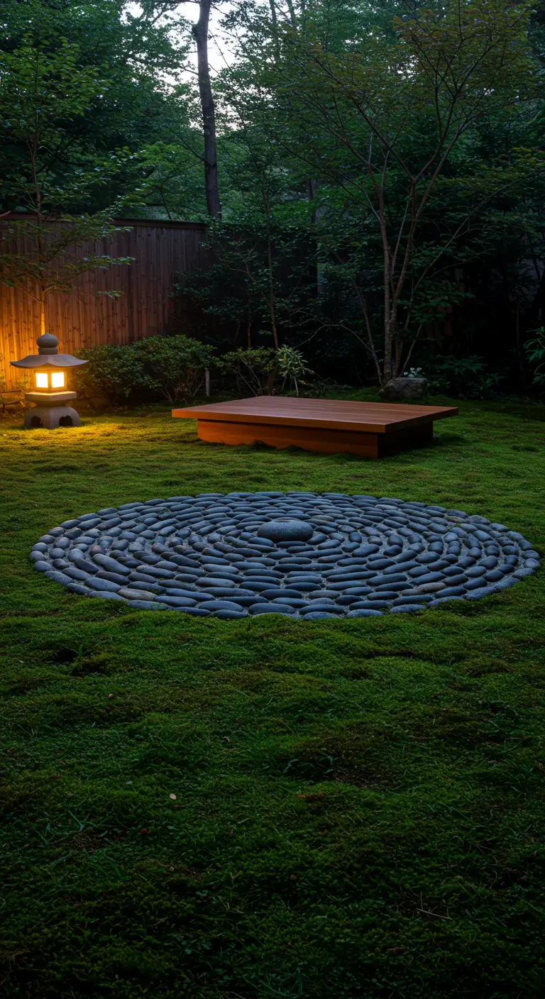 Ein flaches, rundes Mandala aus dunklen Kieseln, eingelassen in eine dichte Moosfläche.
