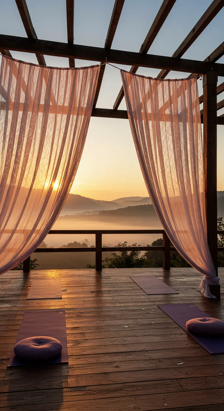 Zarte, durchsichtige Vorhänge an einer Pergola mit Blick auf einen nebligen Sonnenaufgang.