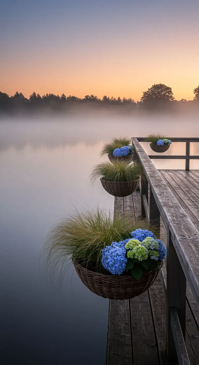 Weidenkörbe mit blauen Hortensien und Gräsern an einem Holzsteg über einem nebligen See.