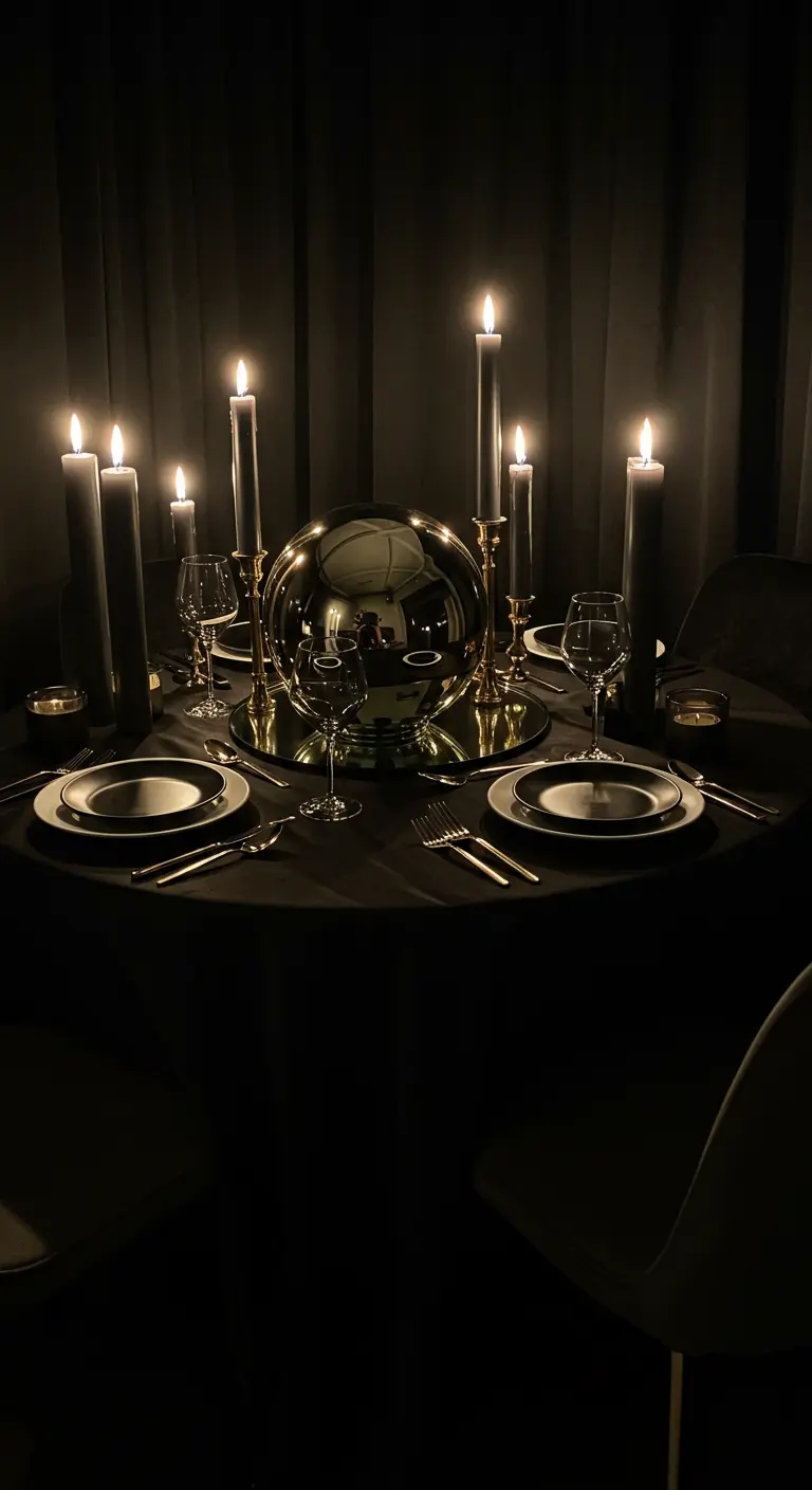 Dramatisch gedeckter Tisch in Schwarz mit einer großen Spiegelkugel als Centerpiece