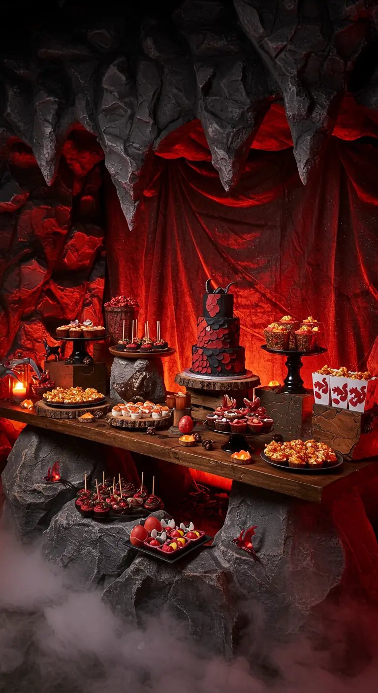 Dramatisches Drachen-Buffet in einer Höhle mit roter Beleuchtung, Felsen-Deko und Nebel
