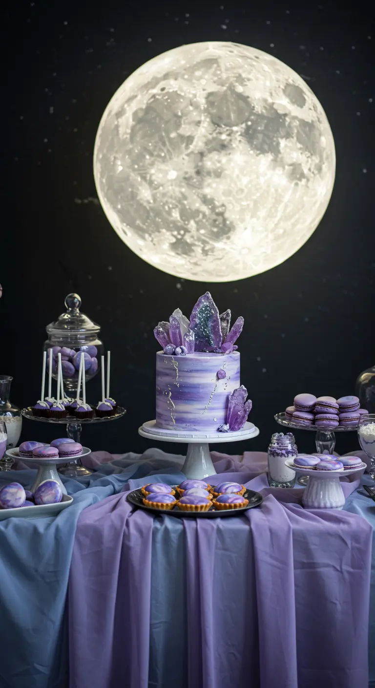 Lavendelfarbene Torte mit Zuckerkristallen vor einer großen, leuchtenden Mond-Kulisse.