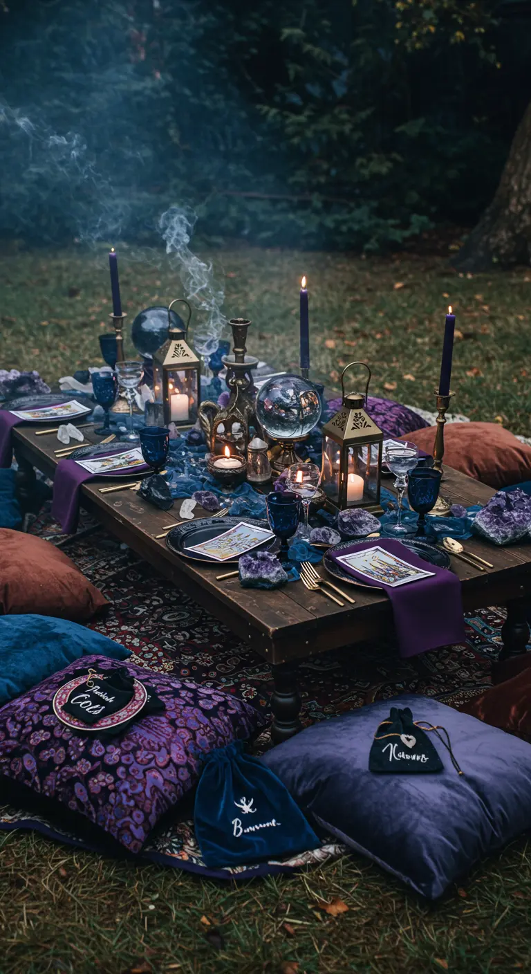 Mystisches Picknick-Setting im Freien mit Kissen, Kerzen und Kristallen auf dem Tisch.