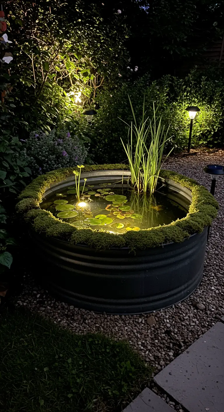 Eine große, runde Viehtränke als beleuchteter Mini-Teich in einem Kiesgarten bei Nacht.