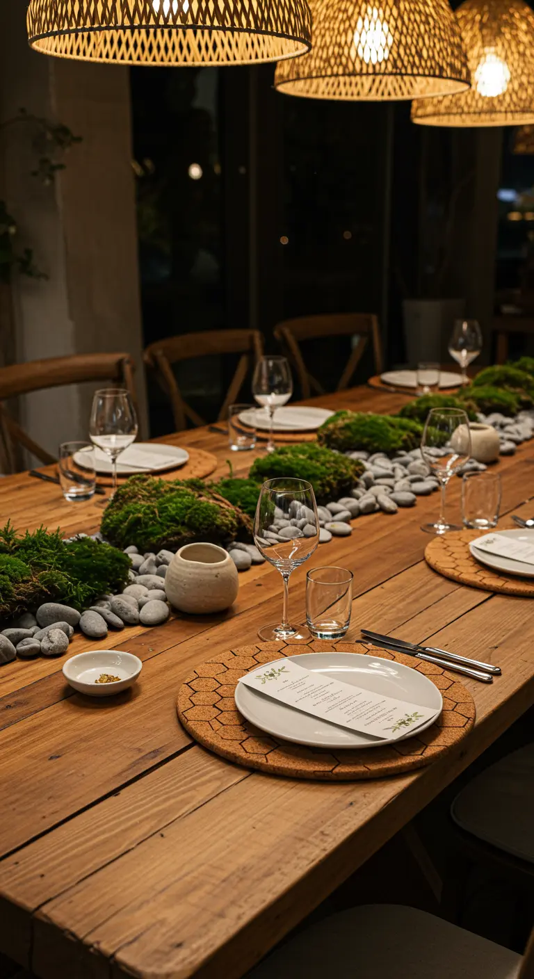 Holztisch mit Kork-Tischsets und einem Tischläufer aus Moos und Kieselsteinen.
