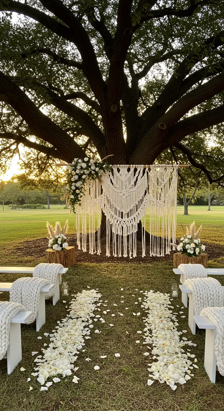 Outdoor-Trauung im Boho-Stil mit Makramee-Behang und gestrickten Decken.