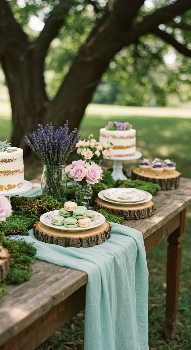 Rustikaler Holztisch im Garten mit Baumscheiben, Moos und Lavendel als Dekoration für Kuchen.