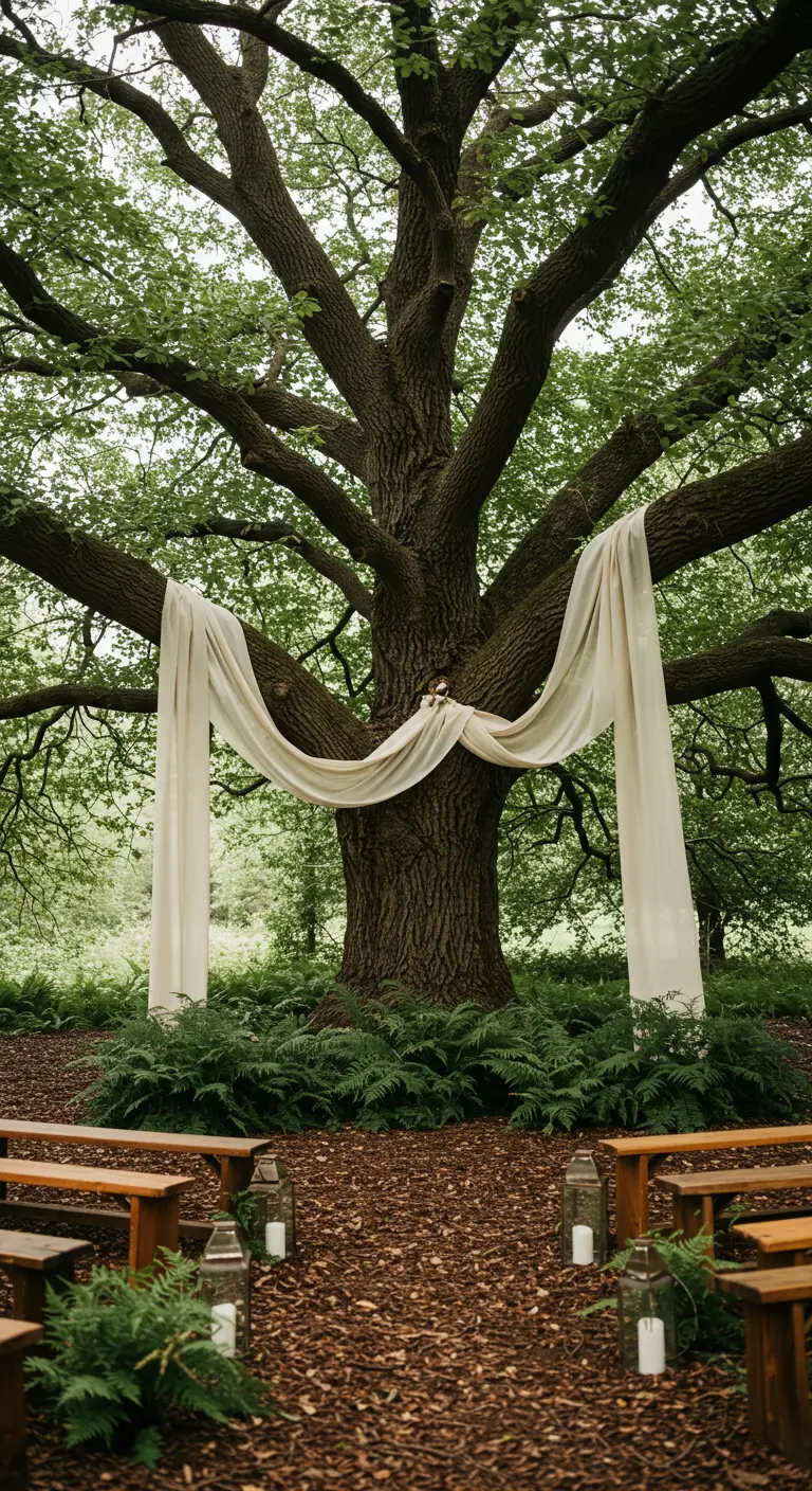 Ein breiter Stoffschal ist locker um den Stamm eines großen Baumes für eine Outdoor-Zeremonie drapiert