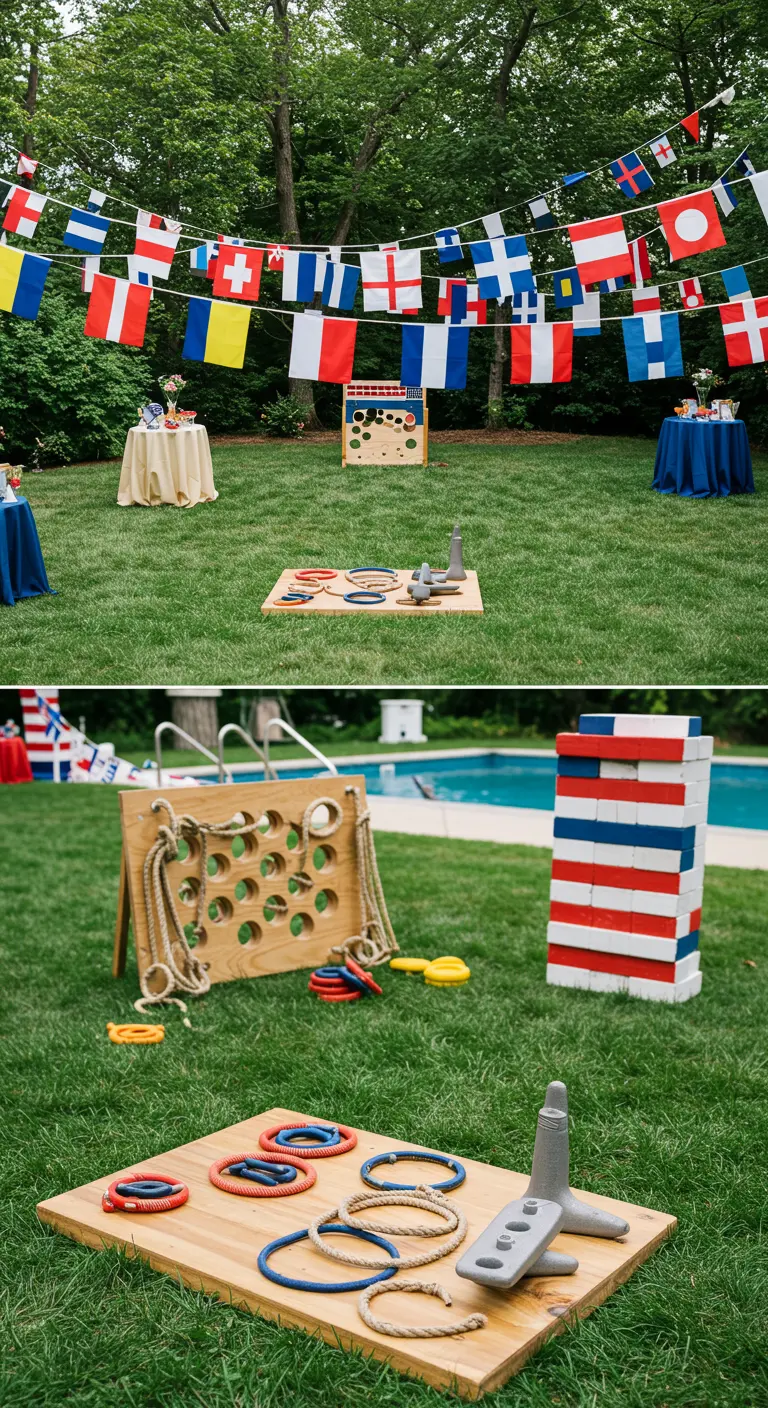 Gartenspiele wie Ringwerfen und Riesen-Jenga im nautischen Stil mit Flaggen-Wimpelketten.
