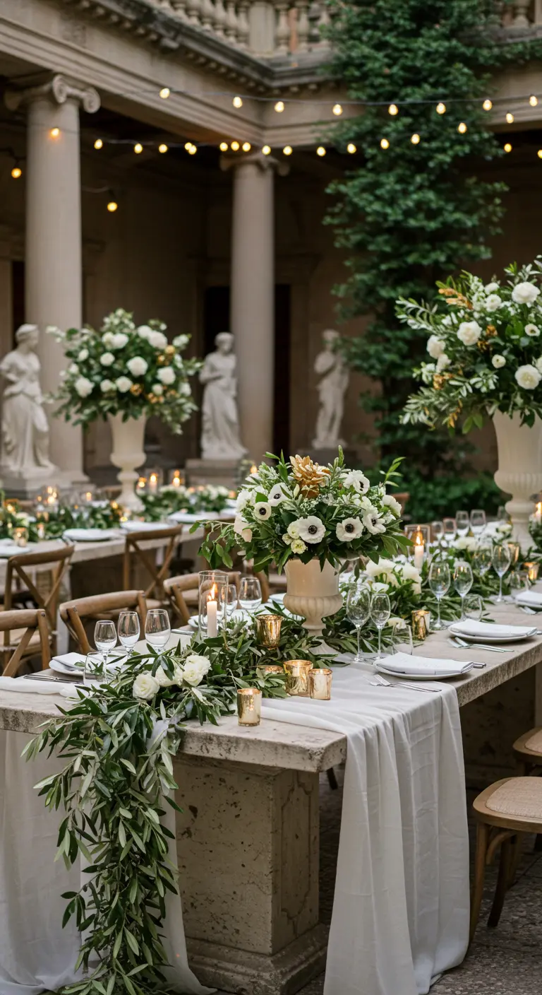 Üppige Girlande aus Olivenzweigen und weißen Blumen auf einem langen Steintisch im Freien.