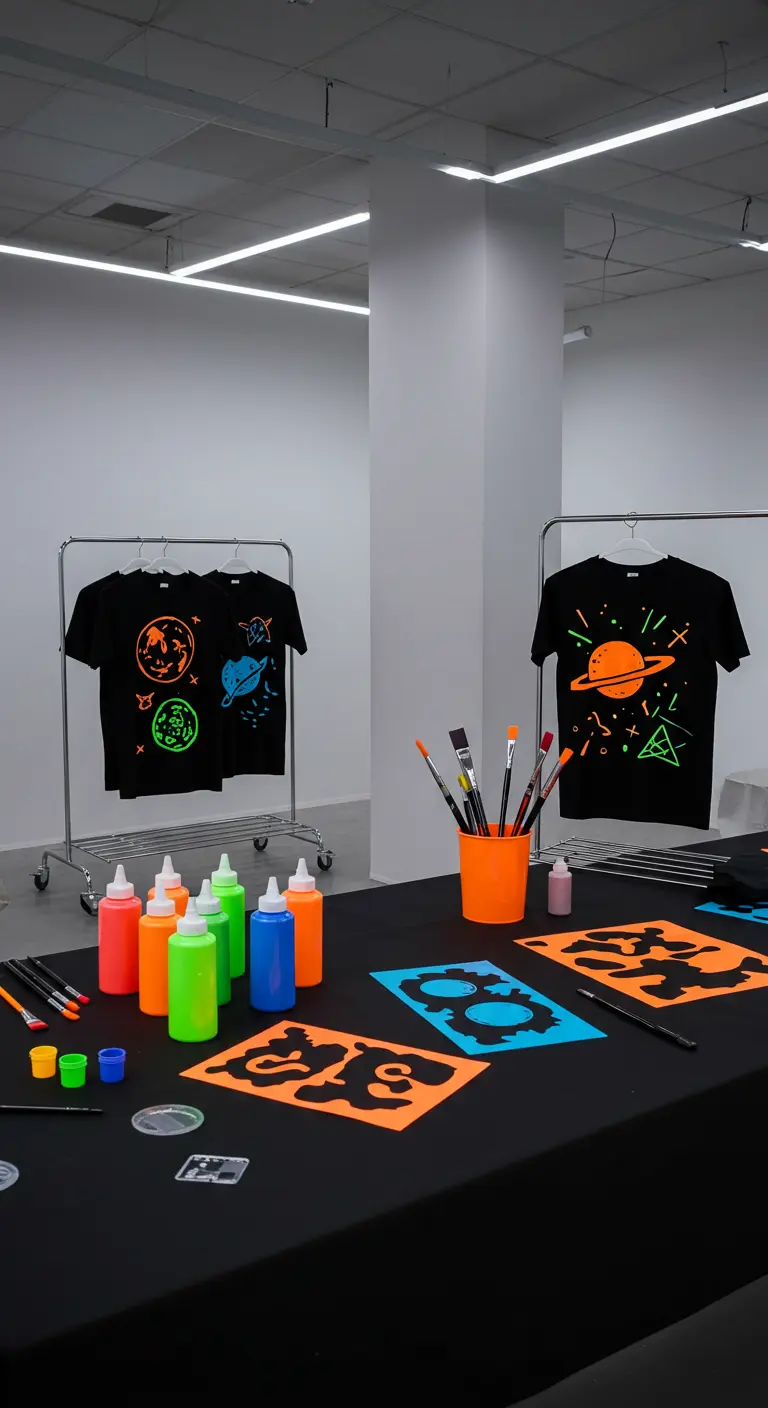 Bastelstation mit schwarzen T-Shirts, Neontuben und Schablonen zum Bemalen.