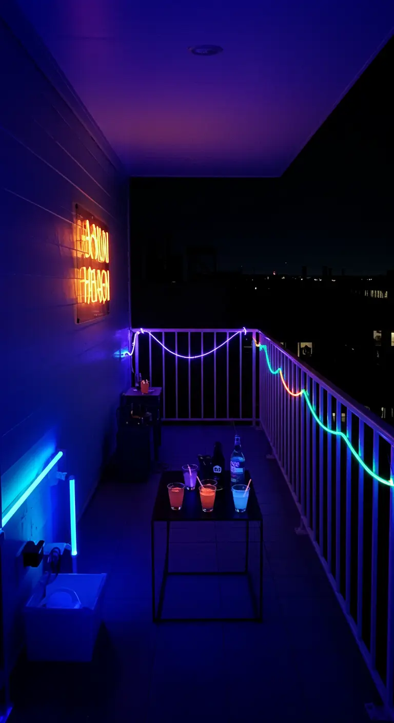Dunkler Balkon, beleuchtet von bunten Neon-LED-Schläuchen und einem Leuchtschild.