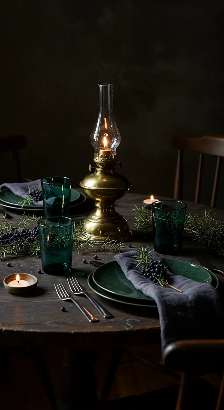 Rustikale Tischdeko mit einer alten Messing-Öllampe als Mittelpunkt.
