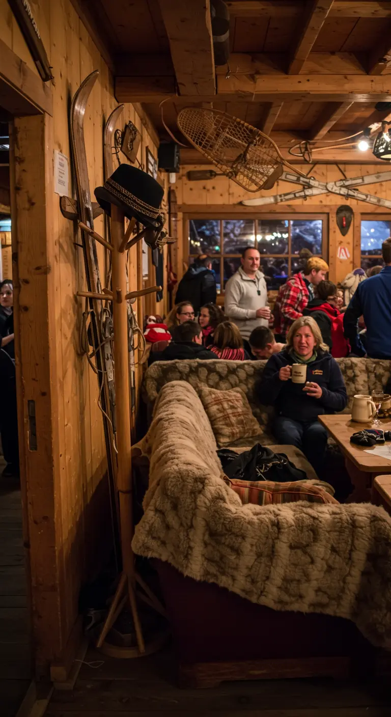 Rustikale Sitzecke in einer Hütte, dekoriert mit alten Skiern und Schneeschuhen.