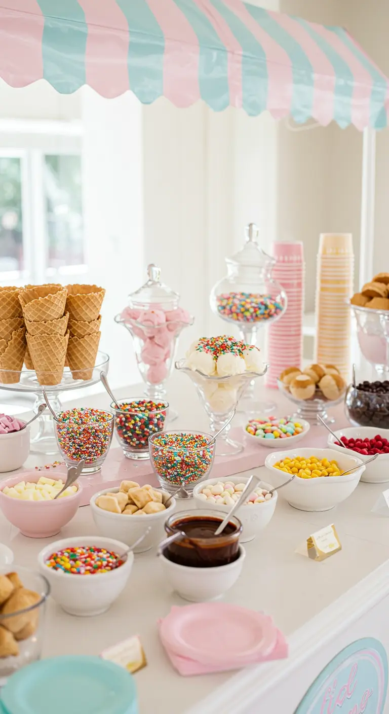 Buffet im Stil einer Eisdiele mit gestreifter Markise und vielen Schalen mit bunten Toppings