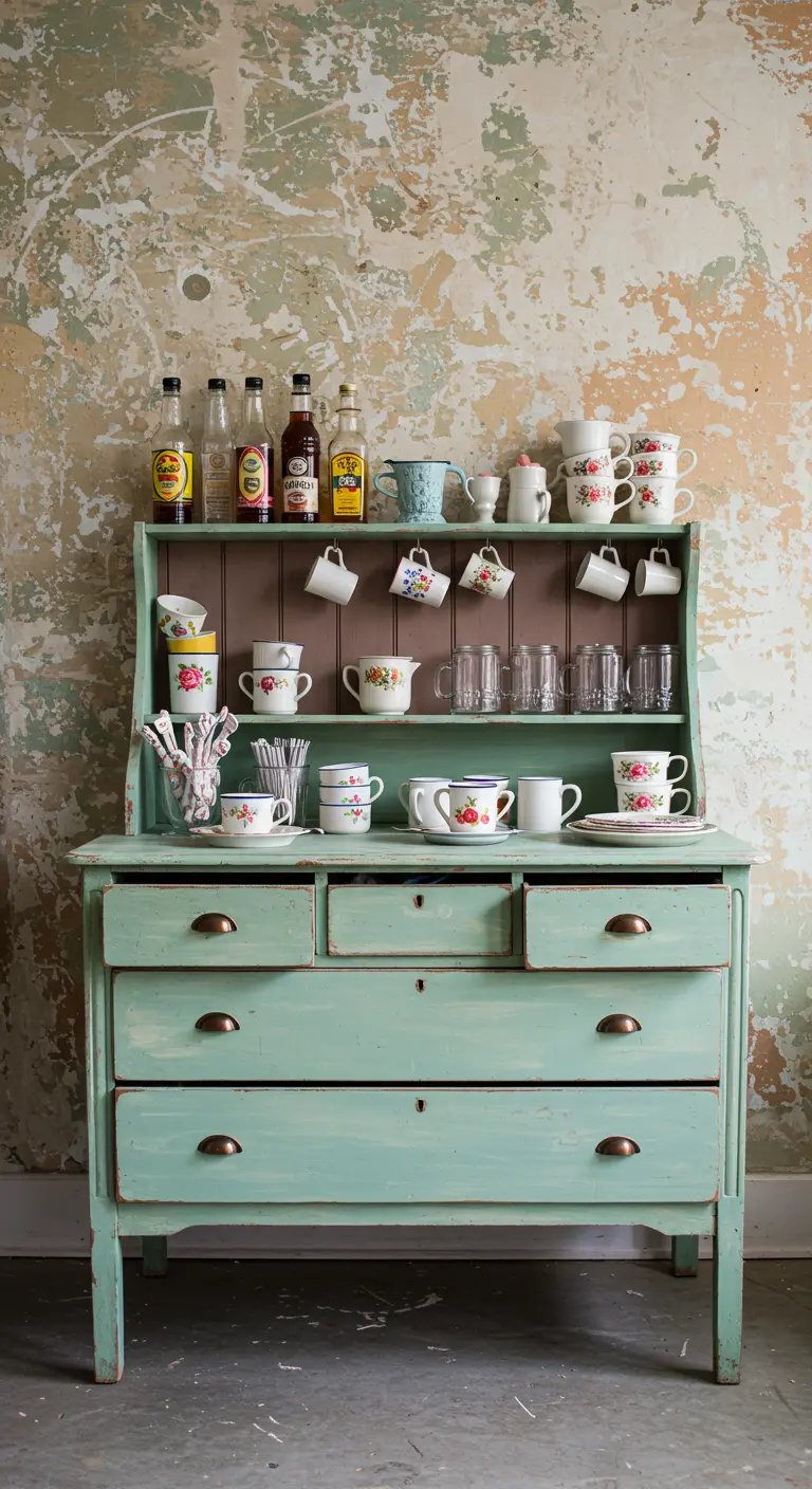 Mintgrünes Vintage-Küchenbuffet, das als Kaffeebar mit einer Sammlung von Blumentassen dient.