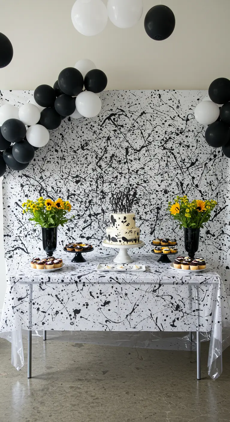 Buffettisch vor einem Hintergrund mit schwarzen Farbspritzern, umrahmt von einer schwarz-weißen Ballongirlande