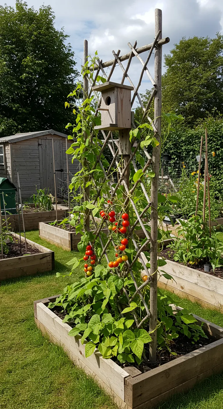 Treibholz-Rankgitter in einem Hochbeet, an dem Tomaten wachsen.