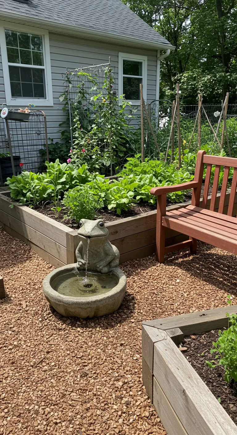 Ein kleiner Froschbrunnen am Rande eines Holz-Hochbeets mit Salat und Gemüse.