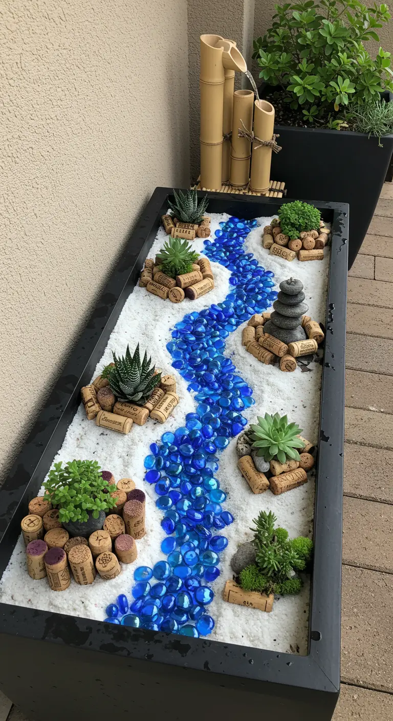 Ein Mini-Zen-Garten in einem Pflanzkasten mit weißem Sand, blauen Glassteinen und Sukkulenten.