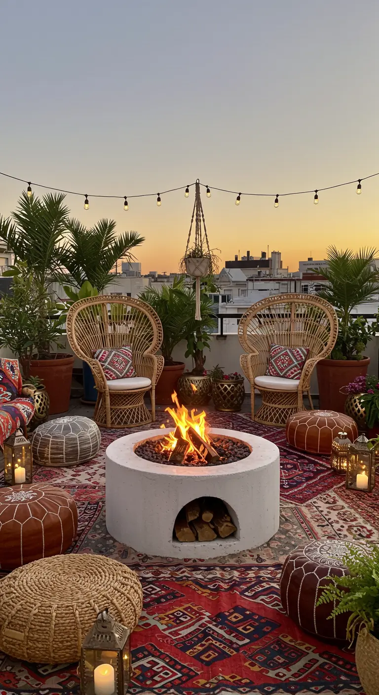 Runde, weiße Feuerstelle auf einer Boho-Dachterrasse mit Rattan-Sesseln.